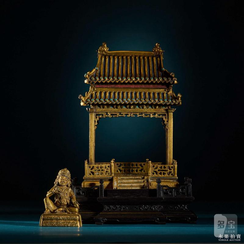 清康熙 （宫廷）铜鎏金黄财神填珐琅殿式佛龛（一组） - 图13